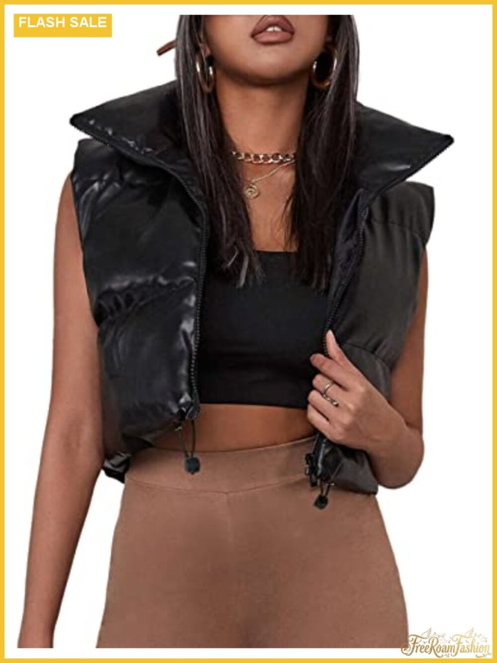 PU Leather Cropped Puffer Vest Faux Leather Zip Up Sleeveless Jacket